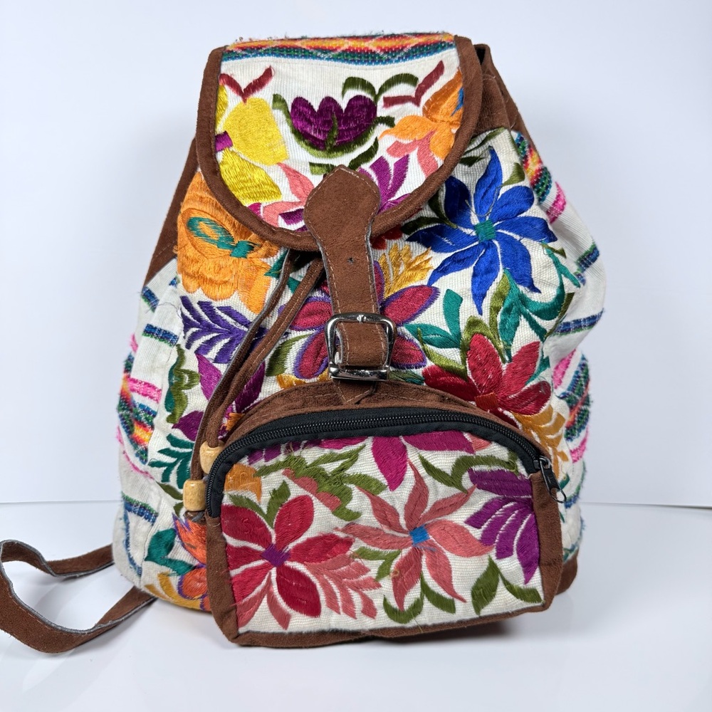 Embroidered Colorful Mexicana Suede Trim Backpack